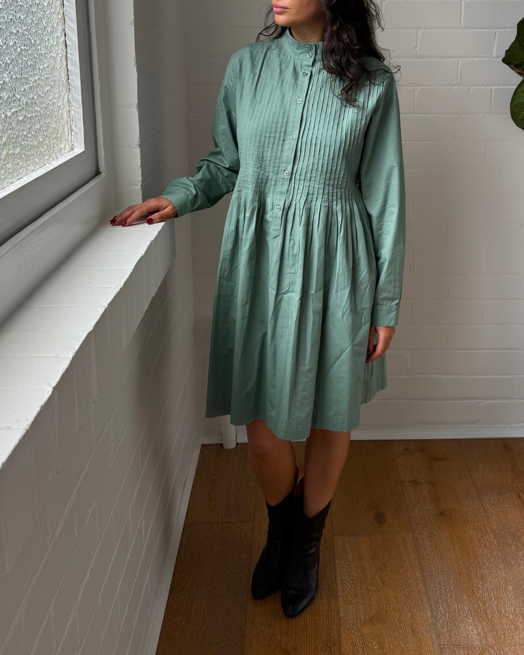 Maison Standards Sage Green Pintuck Shirt Dress - Size O/S (AU 8-12)