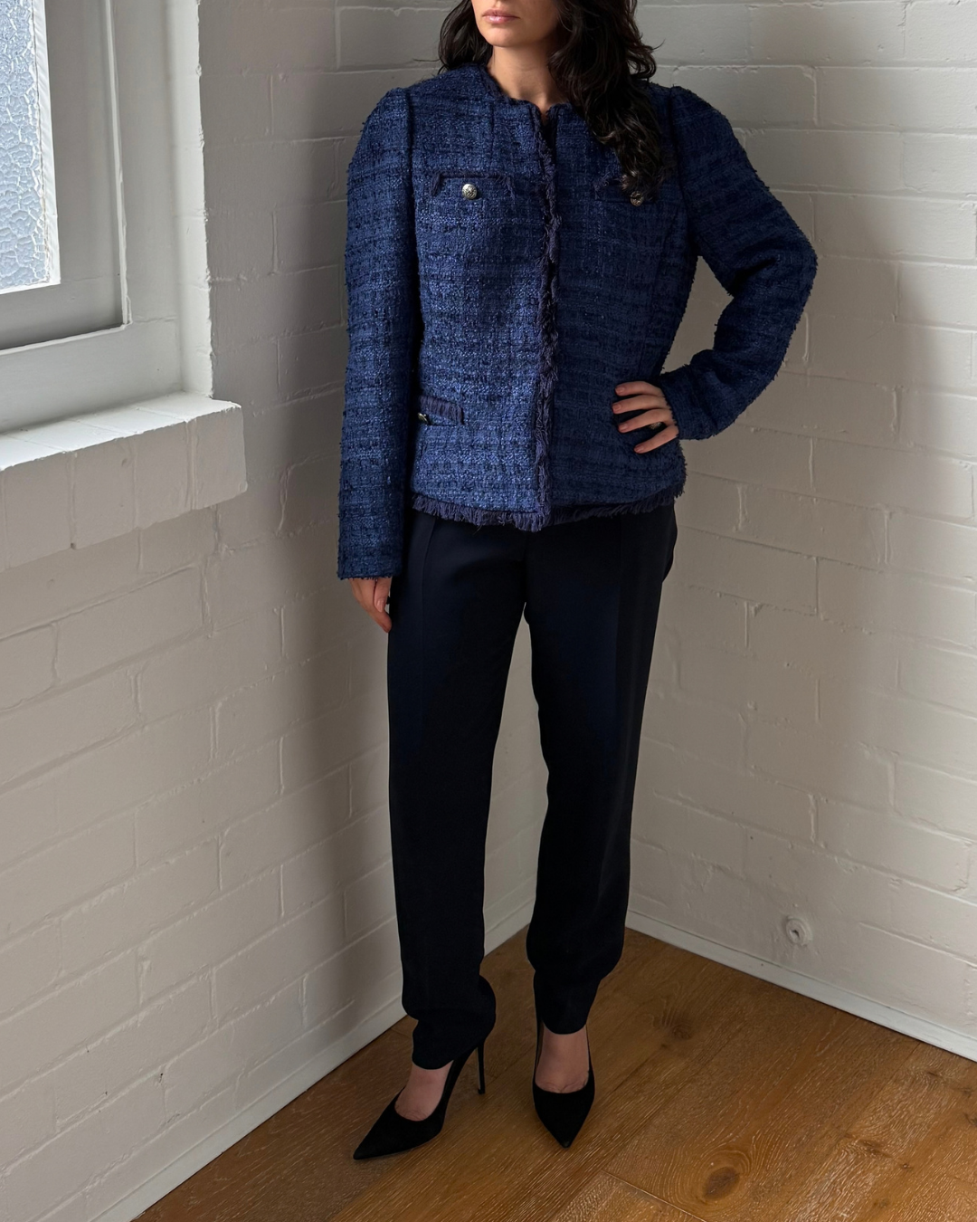 Moss & Spy Jacqueline Navy Tweed Jacket - Size 12-14