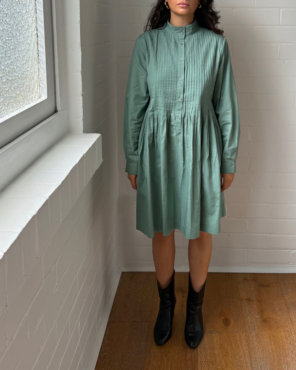 Maison Standards Sage Green Pintuck Shirt Dress - Size O/S (AU 8-12)