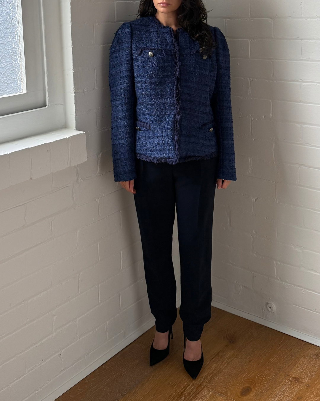 Moss & Spy Jacqueline Navy Tweed Jacket - Size 12-14