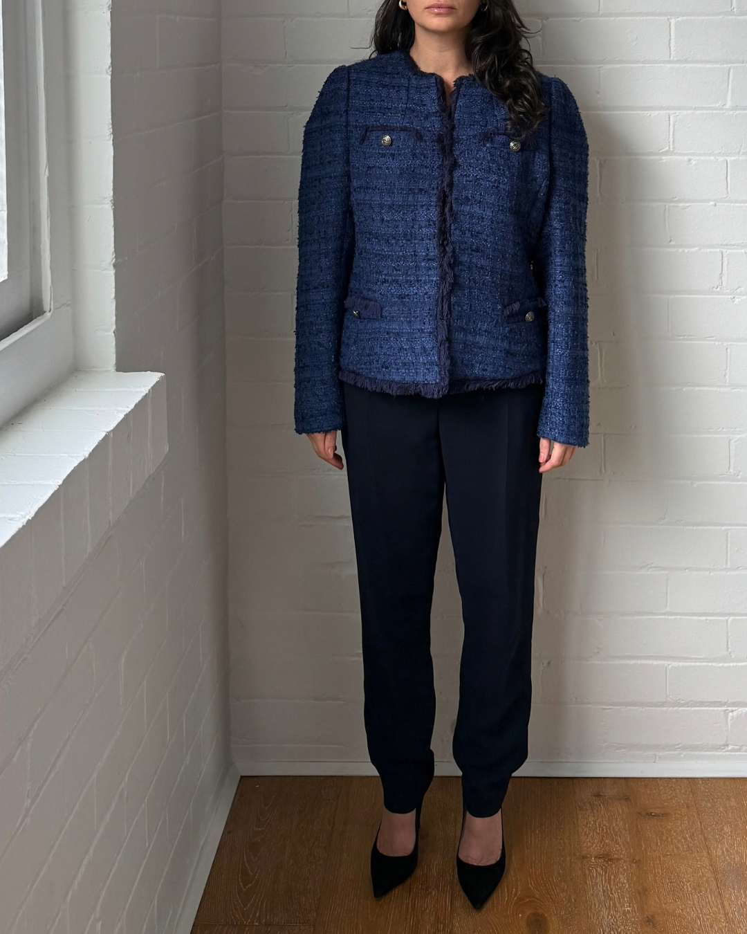 Moss & Spy Jacqueline Navy Tweed Jacket - Size 12-14