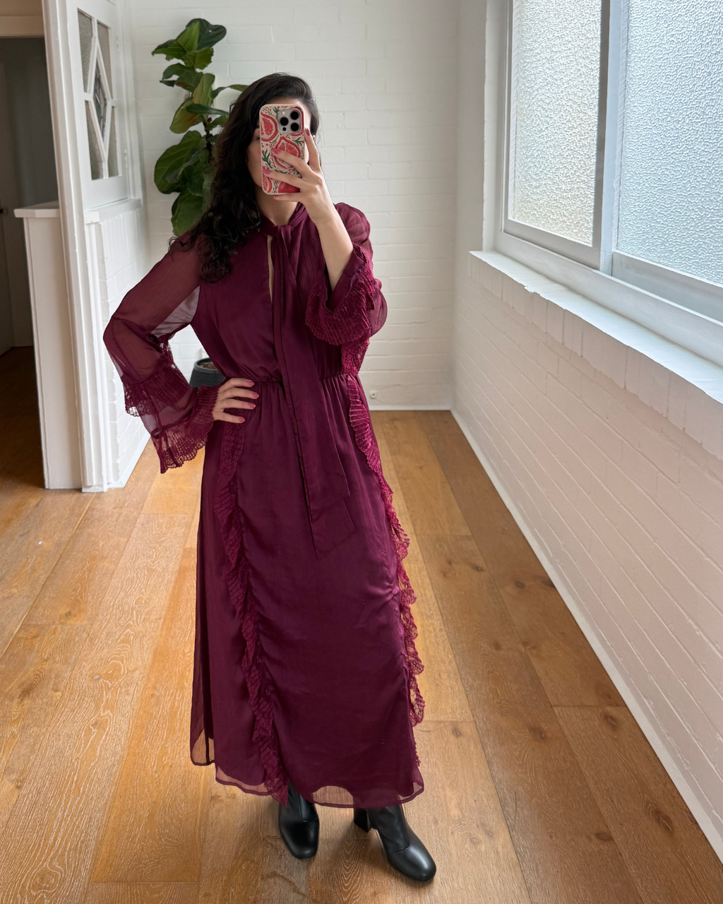 Stevie May Burgundy Lace Trim Dress - Size XS