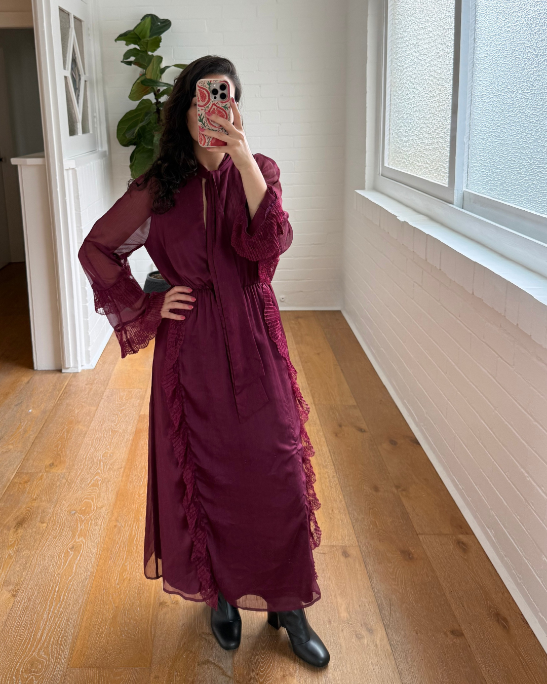 Stevie May Burgundy Lace Trim Dress - Size XS