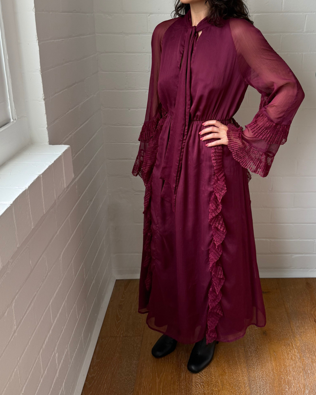 Stevie May Burgundy Lace Trim Dress - Size XS