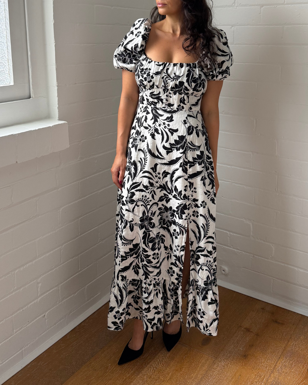 & Other Stories Linen Puff Sleeve Midaxi Dress- Size 36 (AU 8)