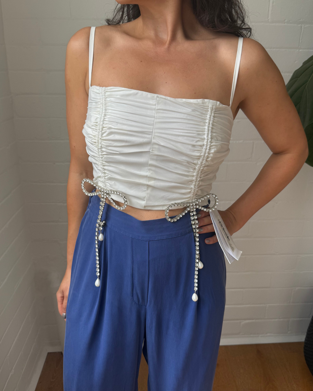 Area Crystal Bow Ruched Crop Top - Size Small