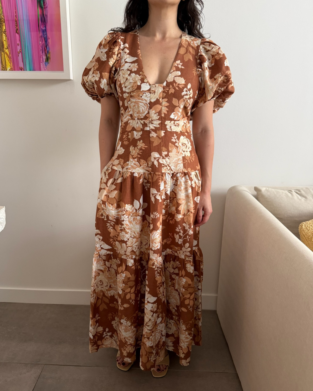 Shona Joy Capucine Plunged Short Sleeve Midi Dress - Size 8