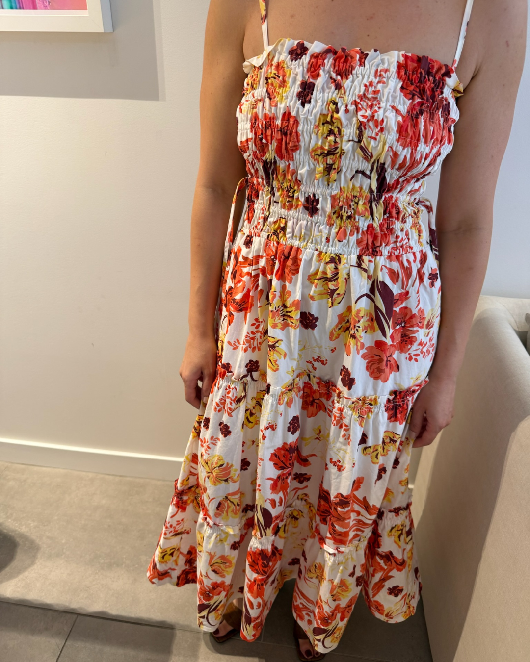 Shona Joy Kalani Shirred Tiered Midi Dress Floral - Size 6-8