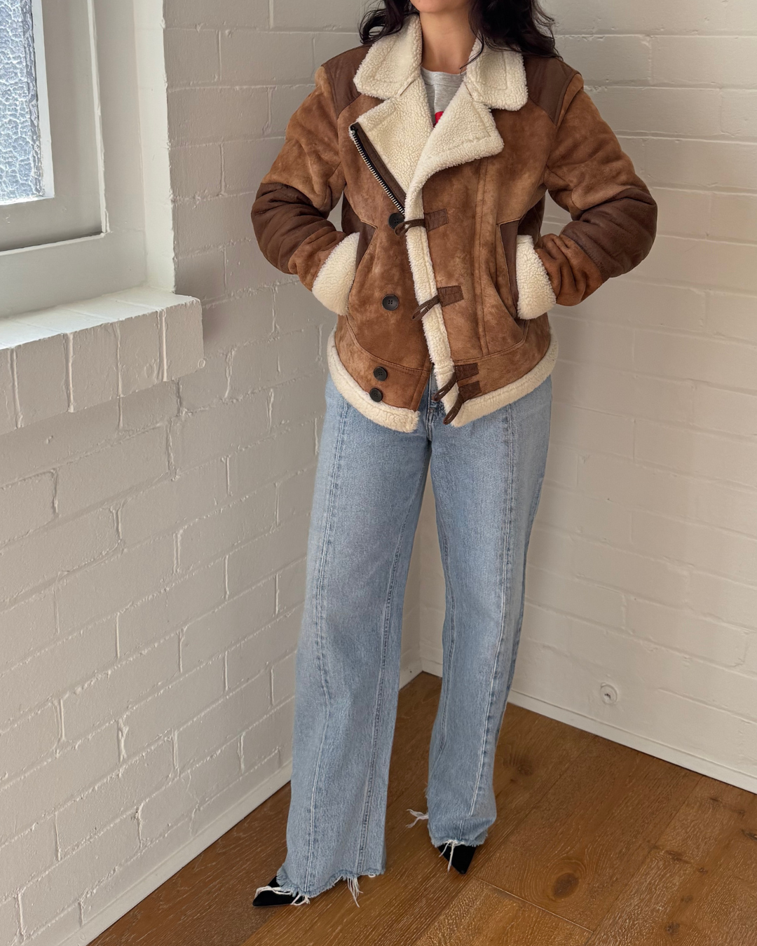 Kai Aakmann Faux Shearling Aviator Jacket - Size Medium