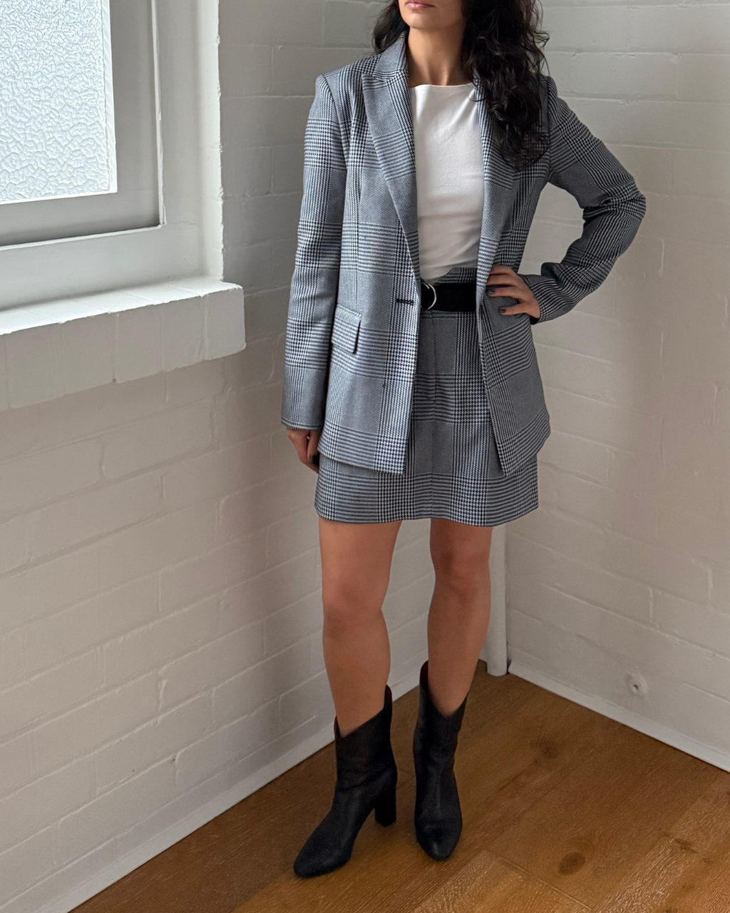 Maje Vadim Prince Of Wales Plaid Blazer and Skirt Suit - Size 8