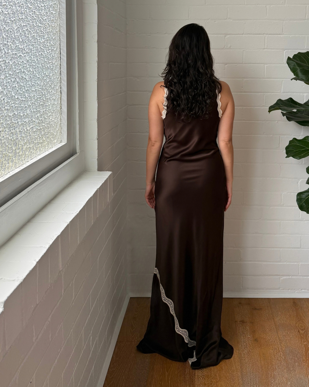 SIR Chocolate Satin Lace Trim Maxi Dress - Size 1 (AU 8)