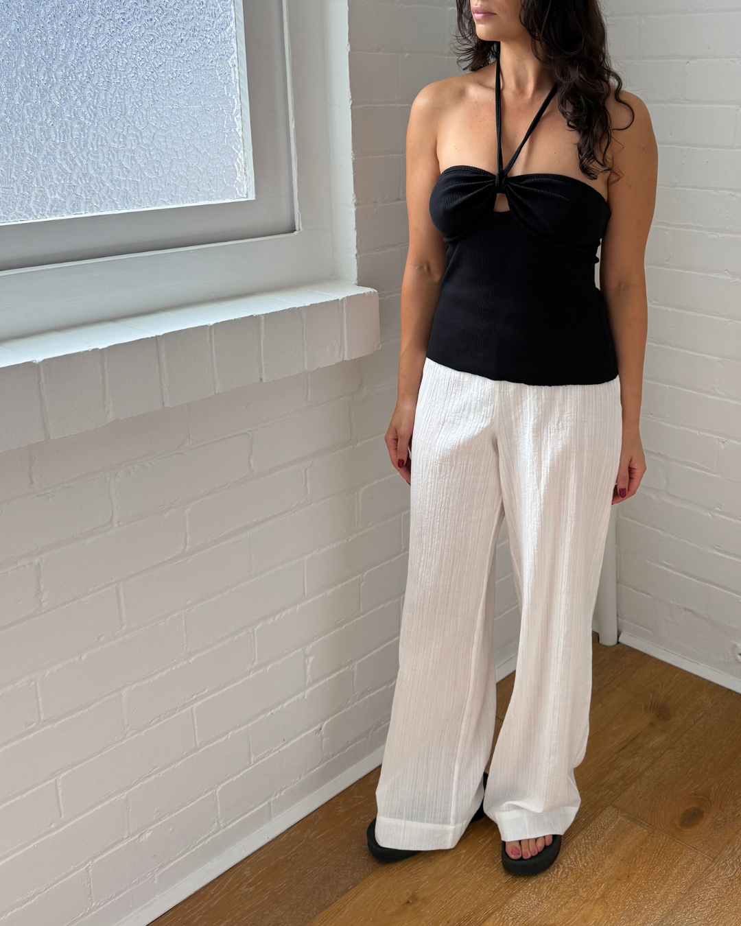 Venroy White Crinkle Cotton Straight Trouser - Size Small
