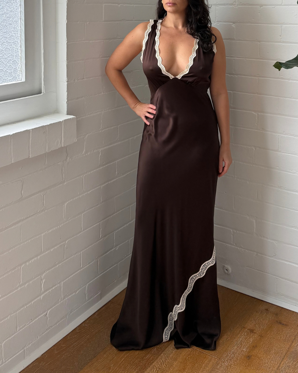 SIR Chocolate Satin Lace Trim Maxi Dress - Size 1 (AU 8)