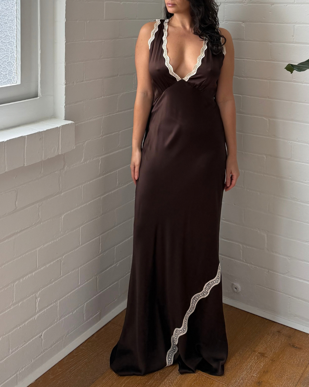 SIR Chocolate Satin Lace Trim Maxi Dress - Size 1 (AU 8)