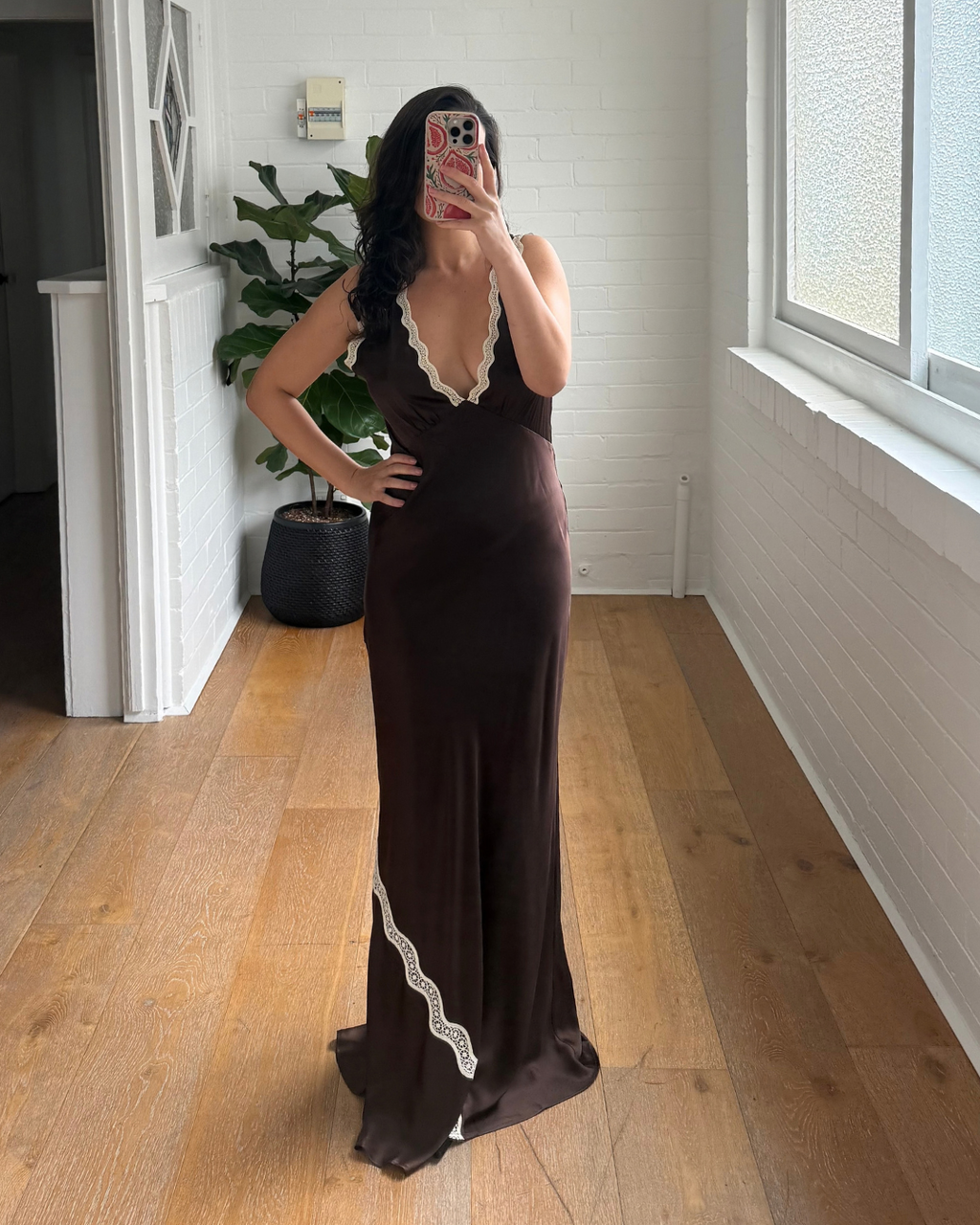 SIR Chocolate Satin Lace Trim Maxi Dress - Size 1 (AU 8)