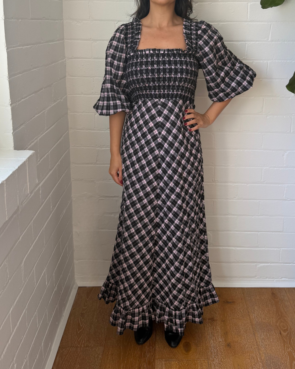 Ganni Seersucker Balloon Sleeve Dress - Size 36 (AU 8)