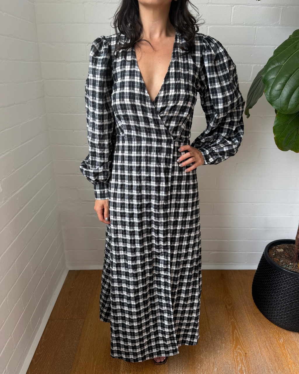 Ganni Seersucker Check Wrap Dress - Size 36 (AU 8)