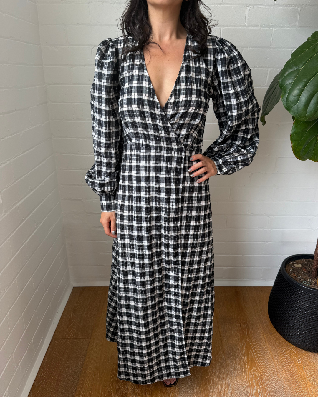 Ganni Seersucker Check Wrap Dress - Size 36 (AU 8)