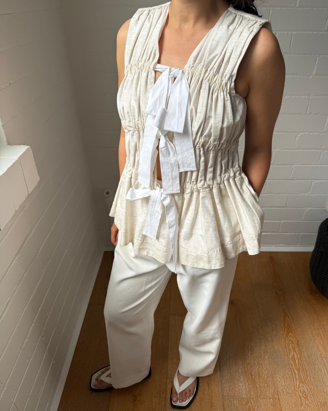 Lovaan Ruched Tie Front Peplum Top - Size 10