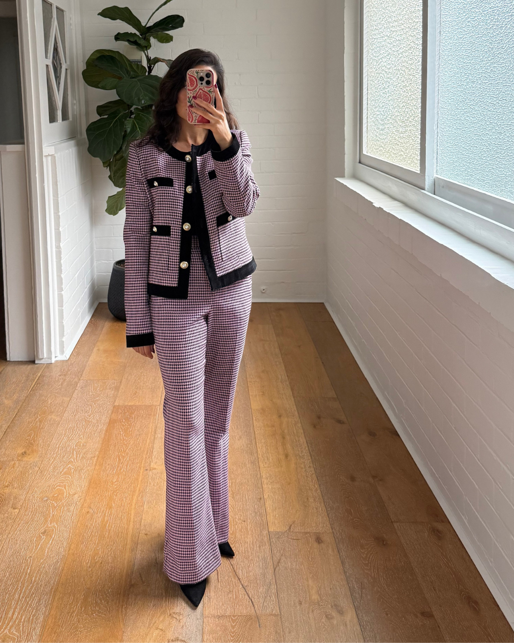 Rebecca Vallance Basinger Houndstooth Tweed Jacket and Pants Suit Set- Size 8/10