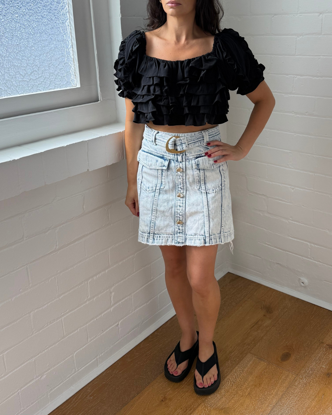 Joslin Black Ruffled Crop Top - Size 8