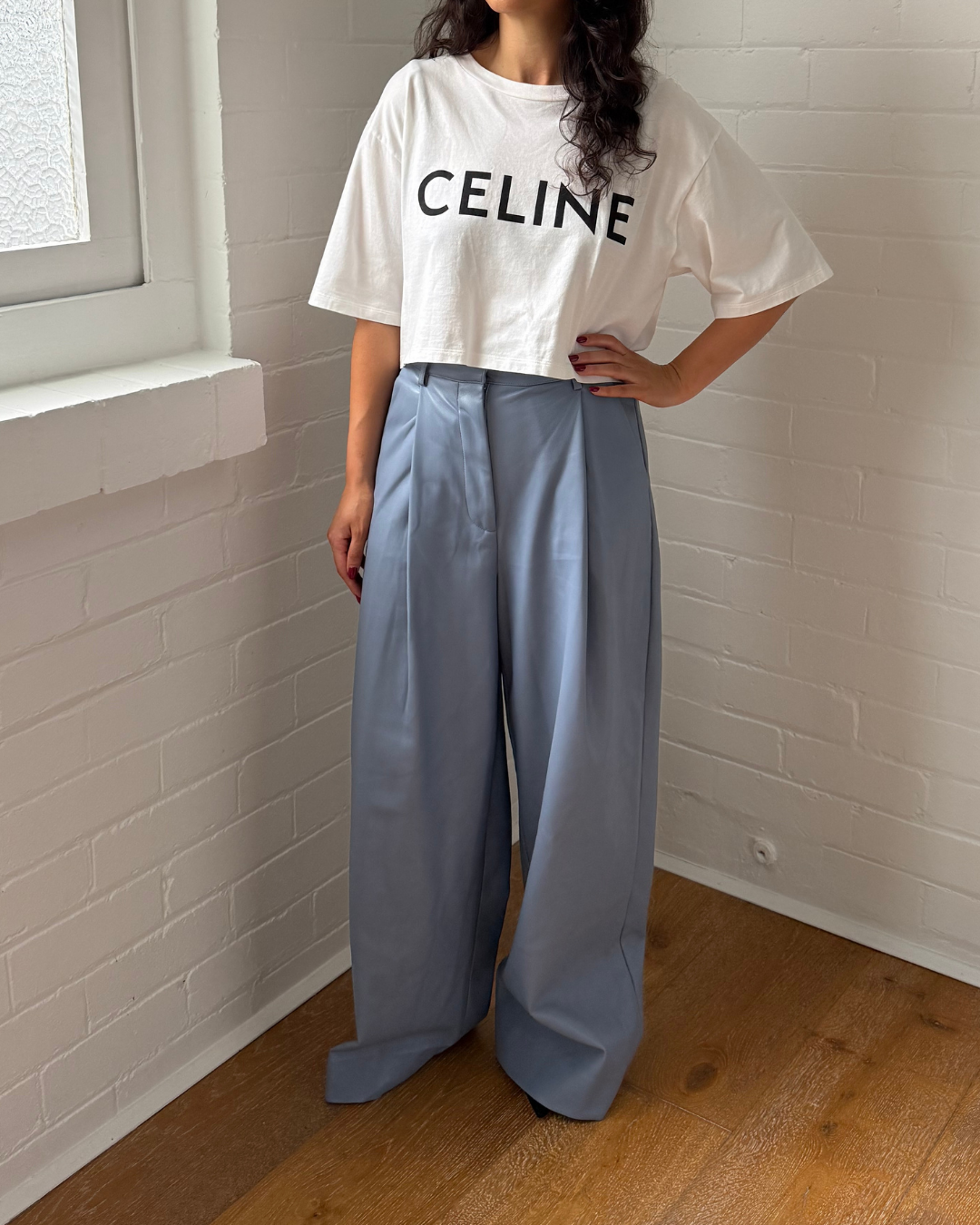 Essential Antwerp Powder Blue Faux Leather Pants - Size 34 (AU 6-8)