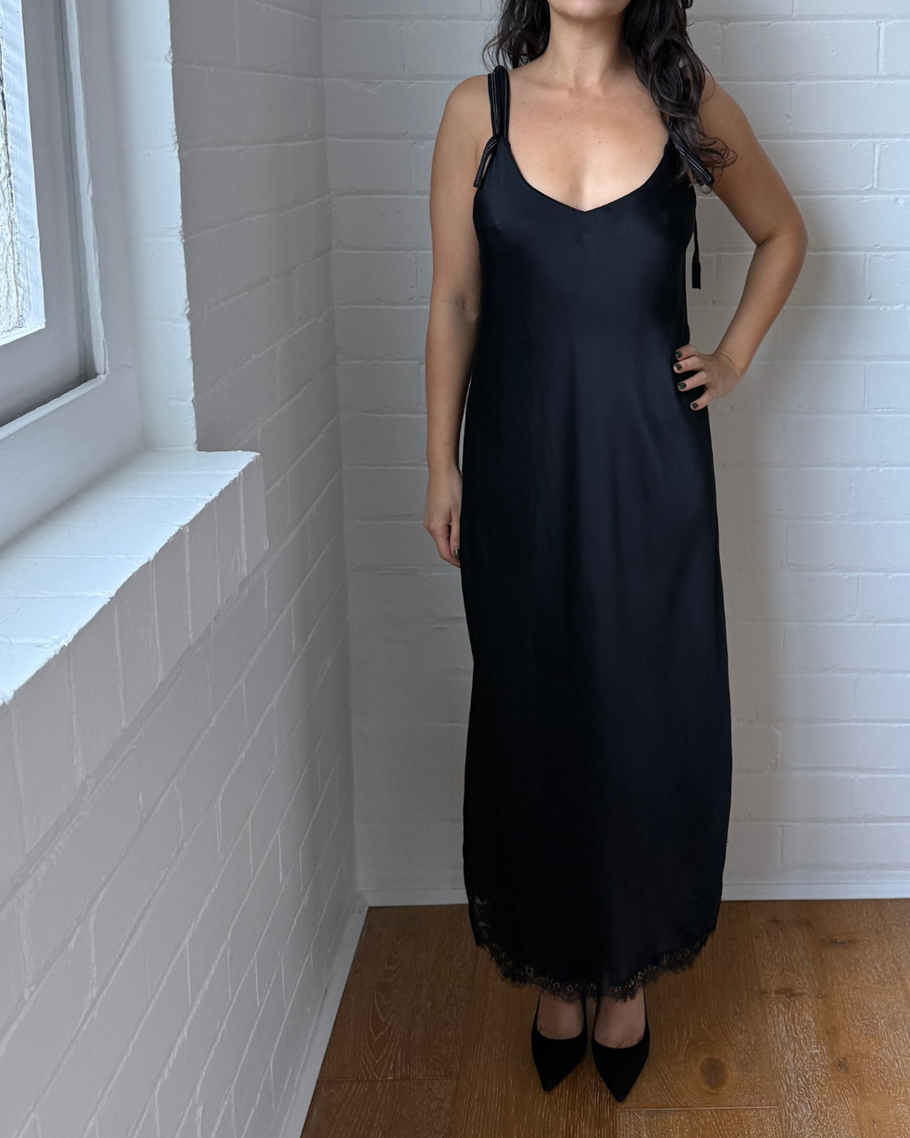 Helmut Lang Satin Lace Hem Slip Dress - Size 12