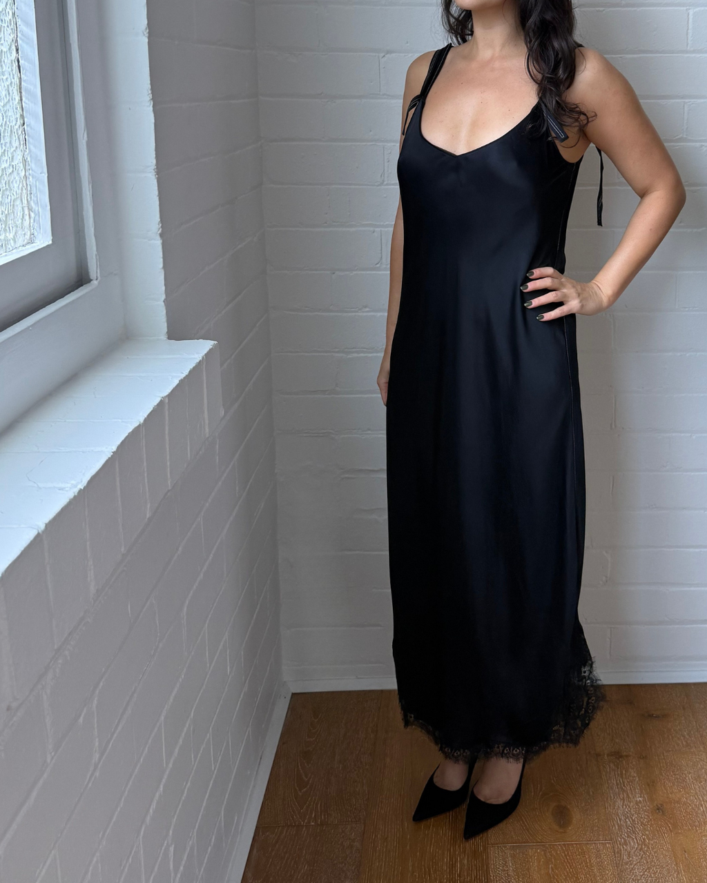 Helmut Lang Satin Lace Hem Slip Dress - Size 12