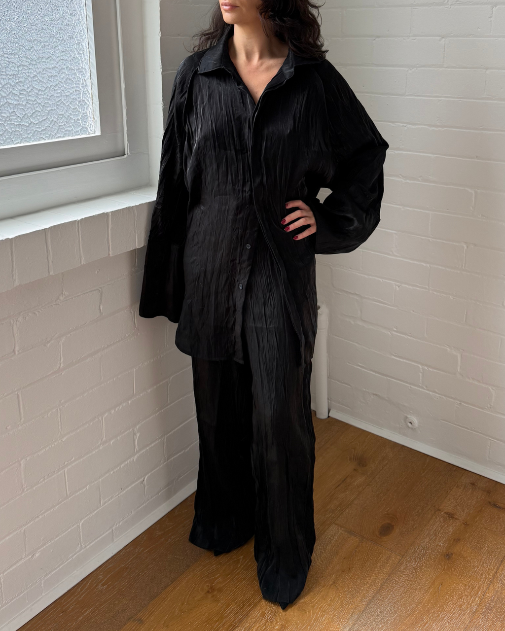 Local European Crinkle Black Shirt and Pant Set- Size S/M (AU 10-12)