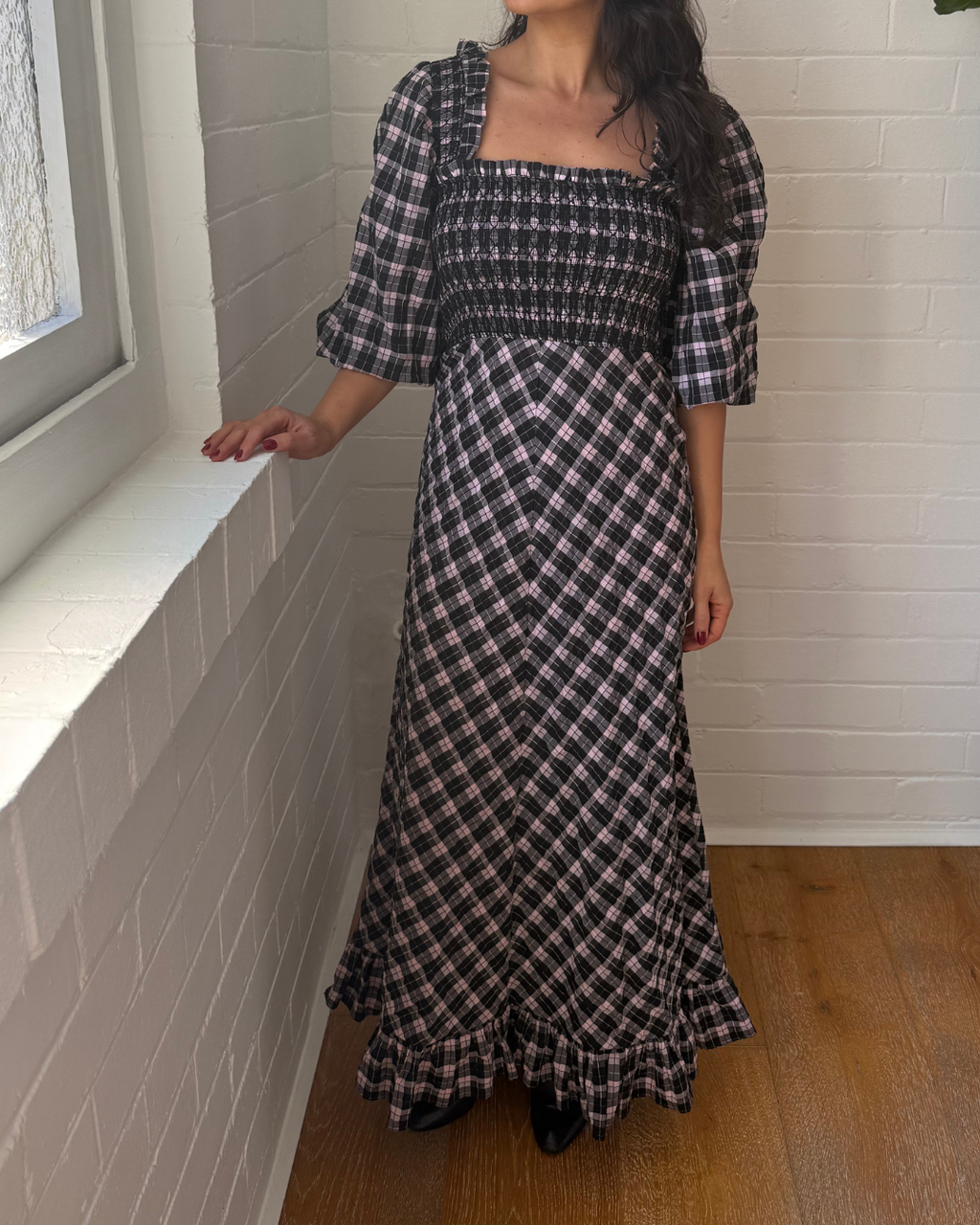 Ganni Seersucker Balloon Sleeve Dress - Size 36 (AU 8)