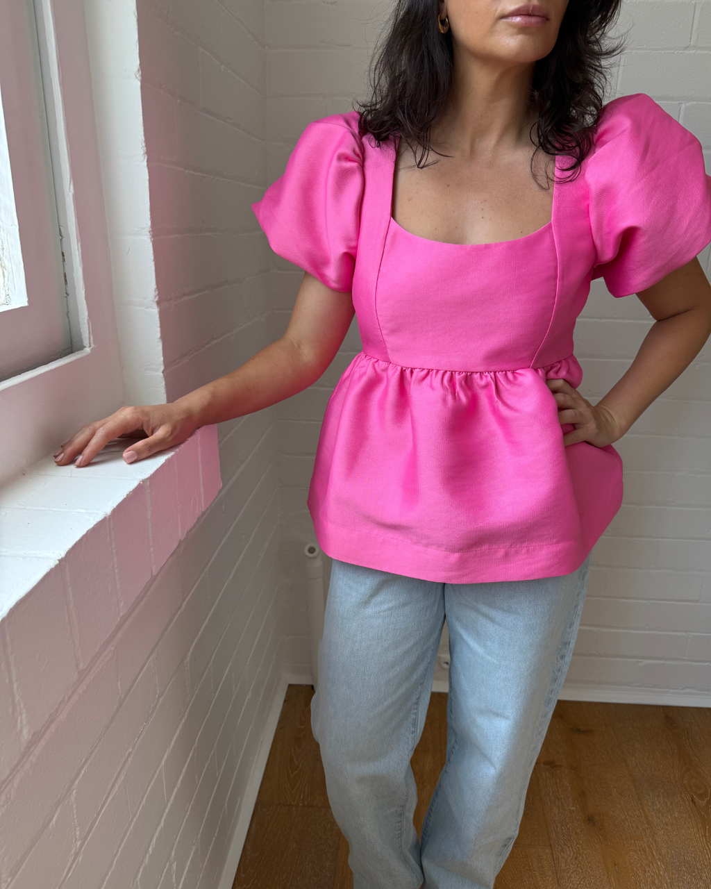 Aligne Allanah Puff Sleeve Peplum Satin Top - Size 8