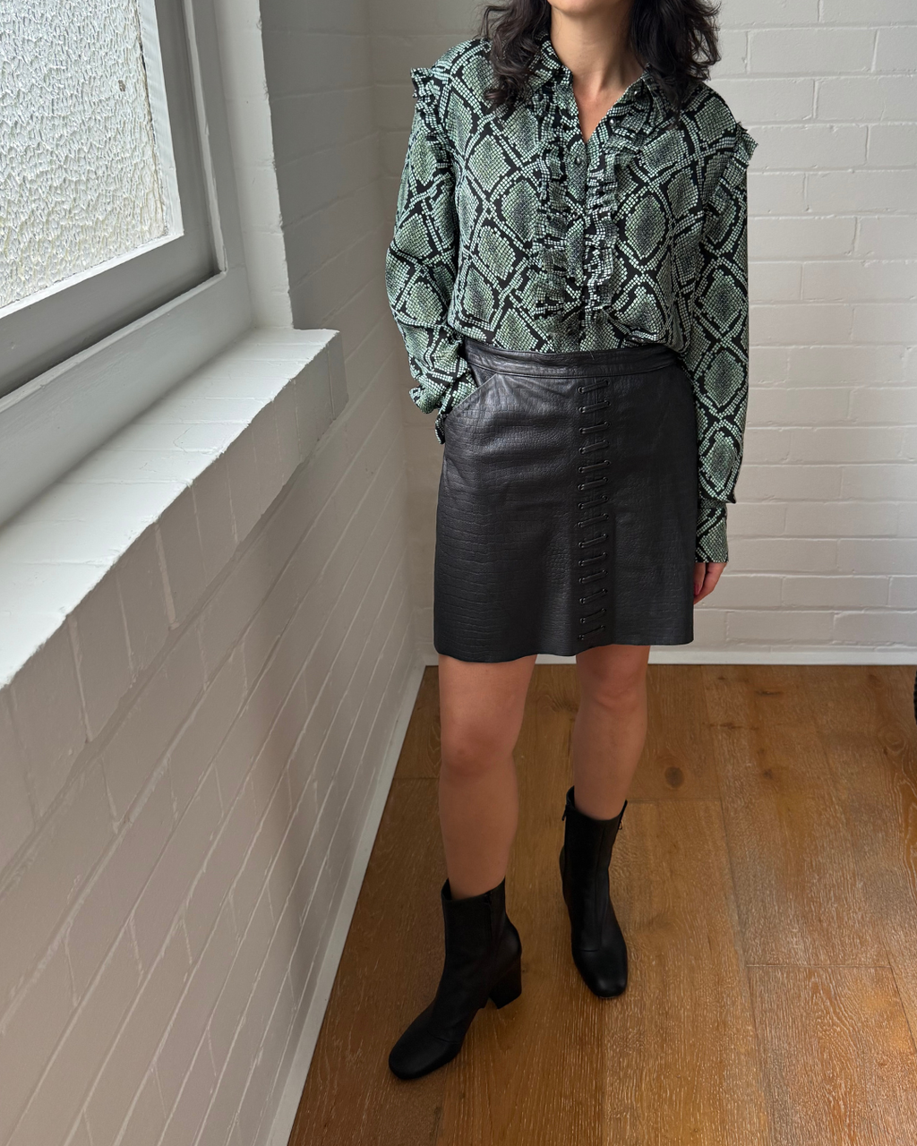 Aje Black Leather Lace Detail Skirt - Size 12