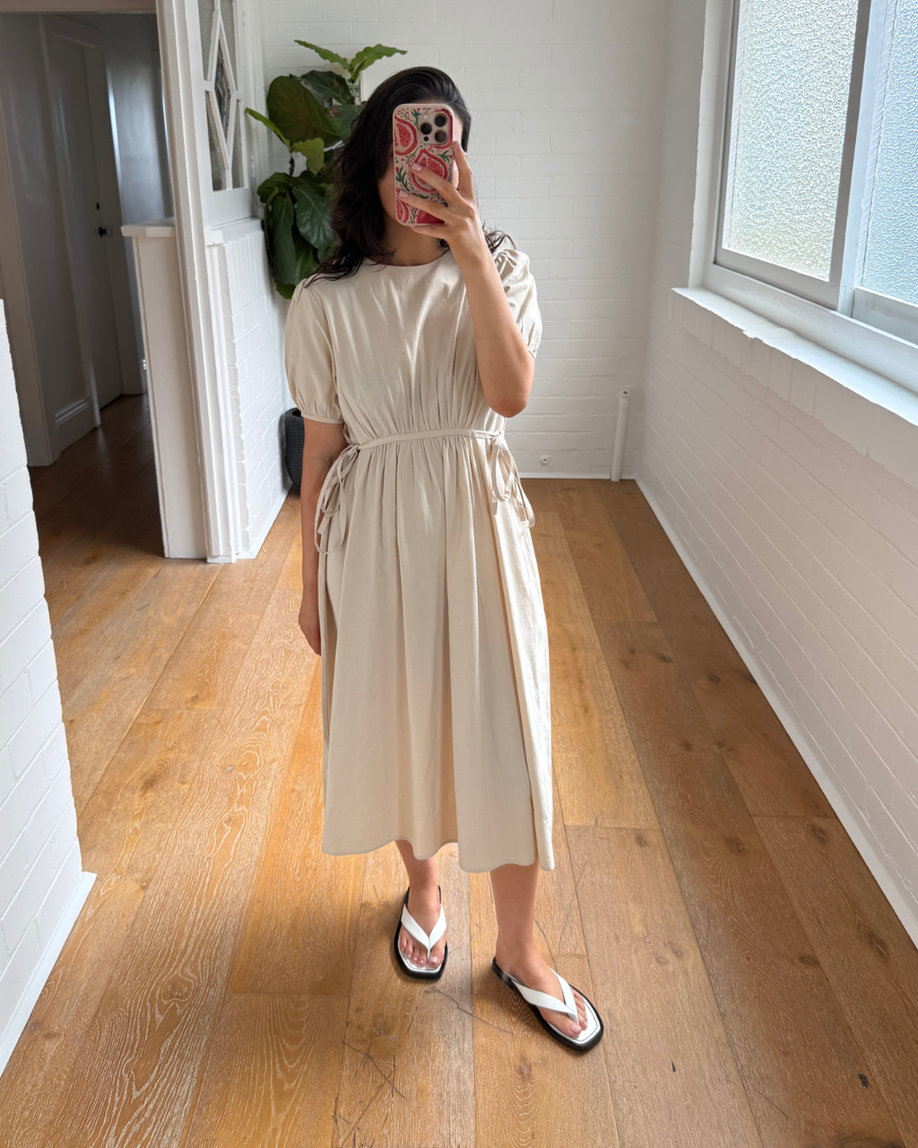 Incu Gathered Sleeve Midi Dress - Size 8