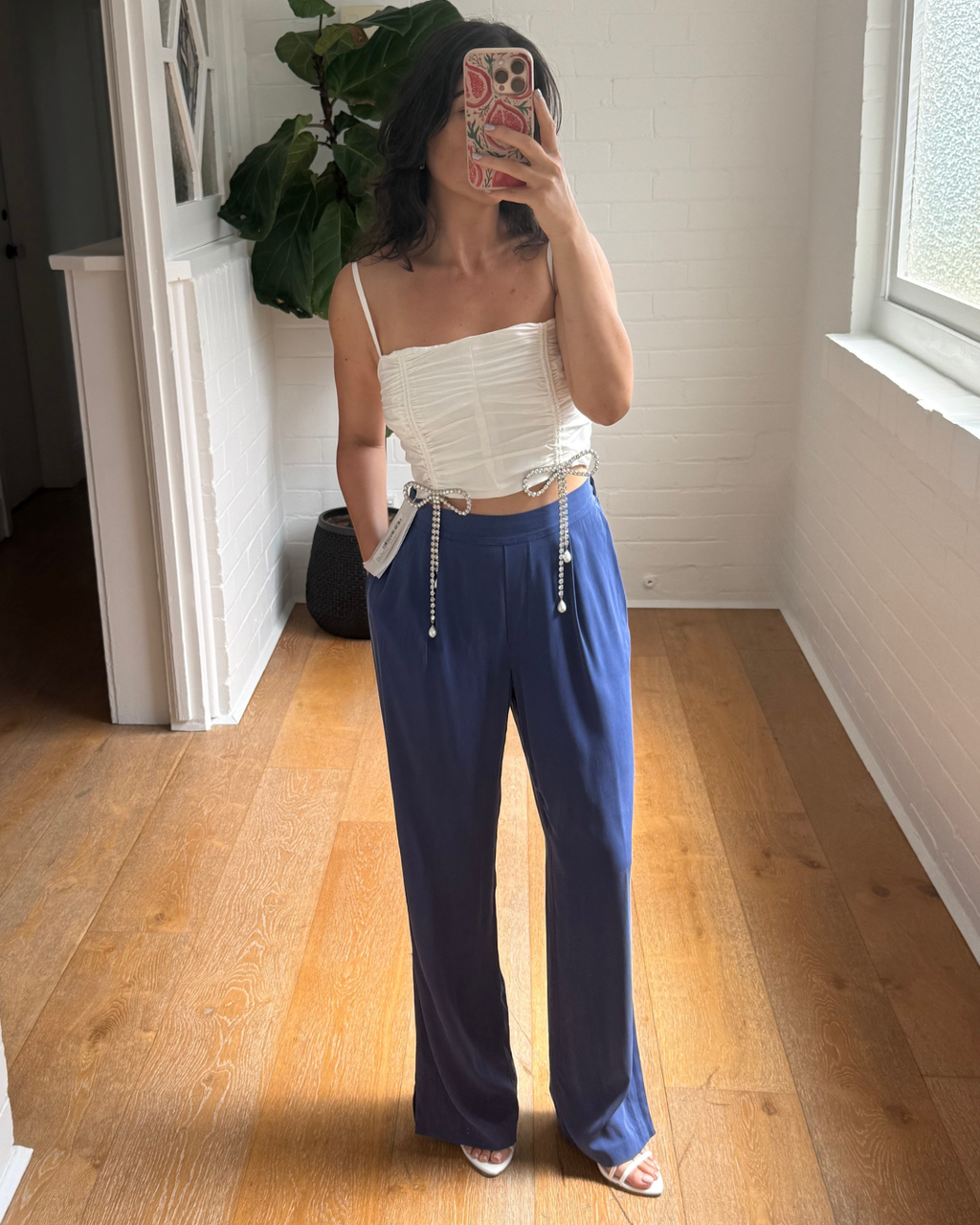 Area Crystal Bow Ruched Crop Top - Size Small