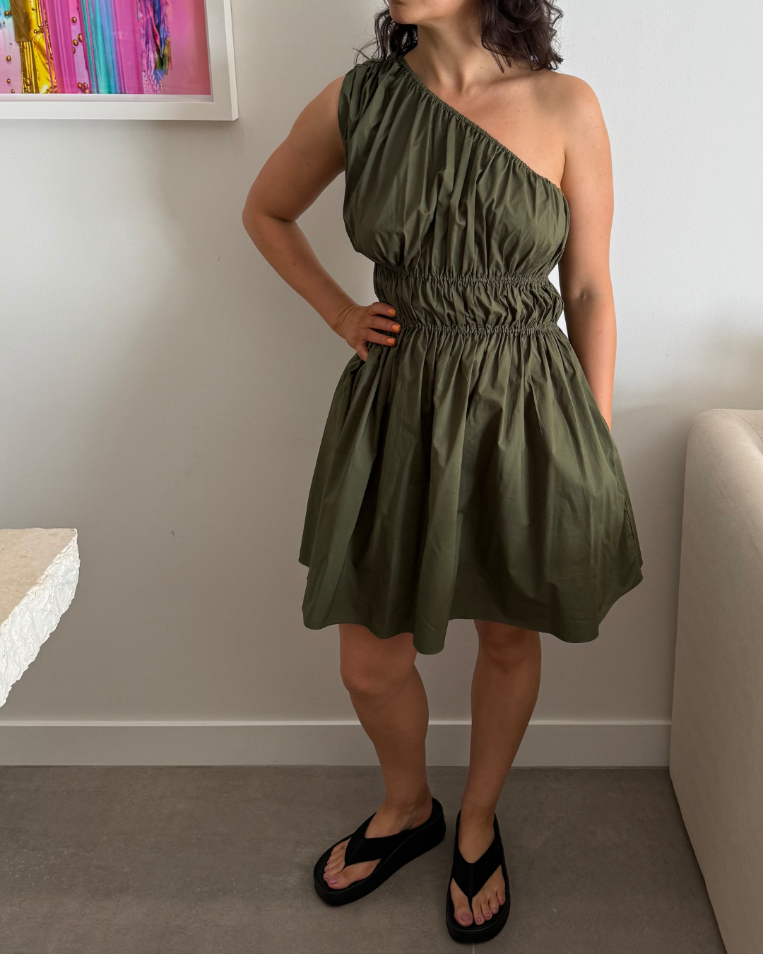 Matteau Shirred One Shoulder Mini Dress - Size 2 (AU 8)