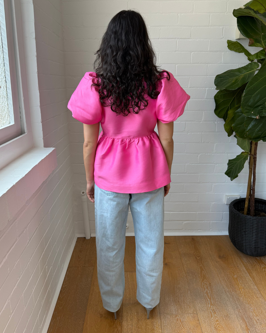 Aligne Allanah Puff Sleeve Peplum Satin Top - Size 8