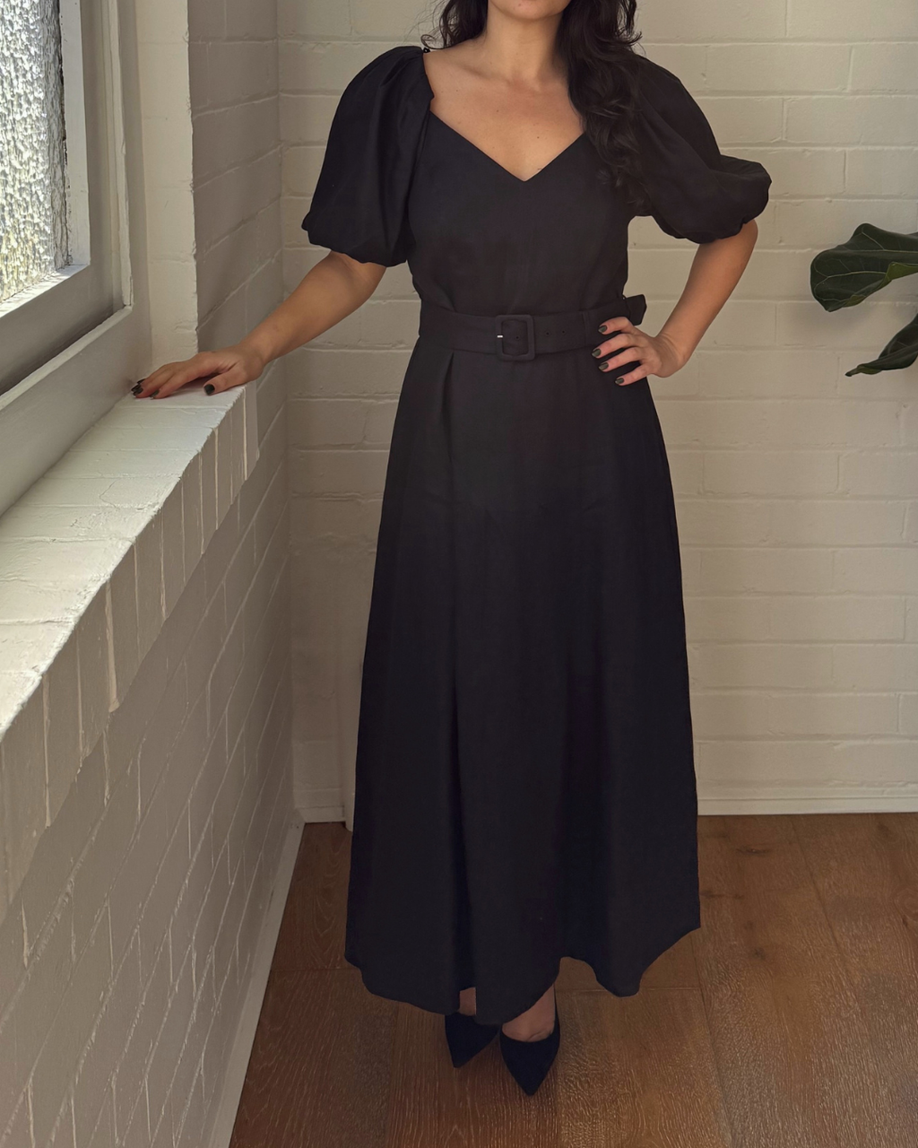 & Other Stories Linen Puff Sleeve Midi Dress - Size 12