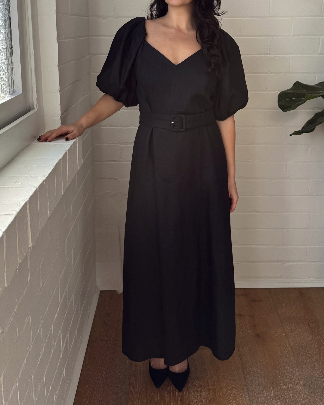 & Other Stories Linen Puff Sleeve Midi Dress - Size 12