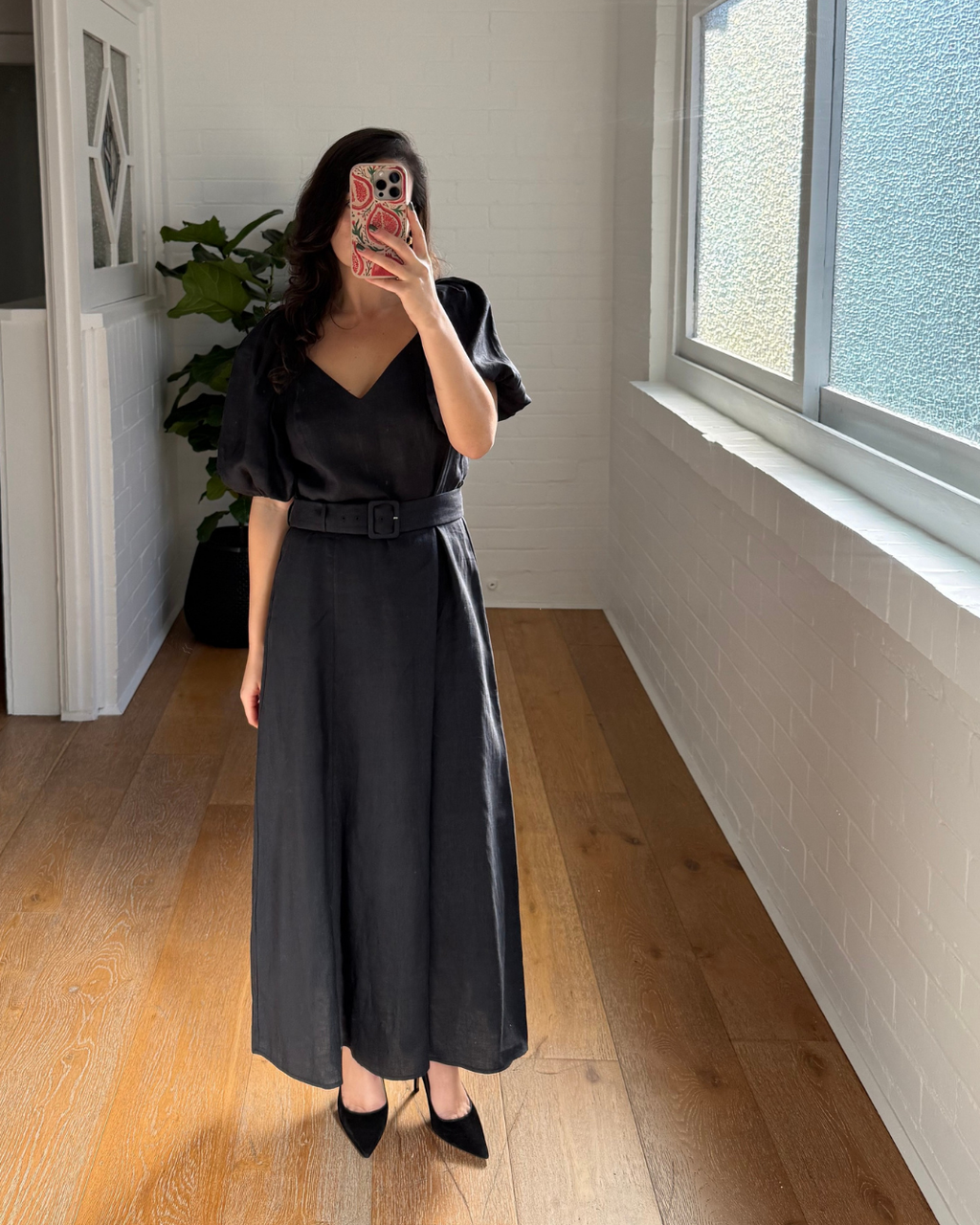 & Other Stories Linen Puff Sleeve Midi Dress - Size 12