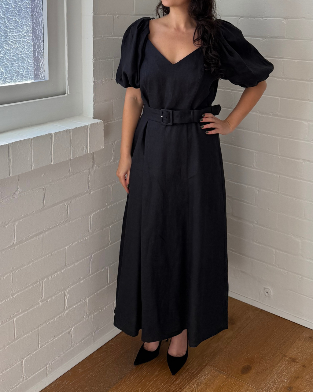 & Other Stories Linen Puff Sleeve Midi Dress - Size 12