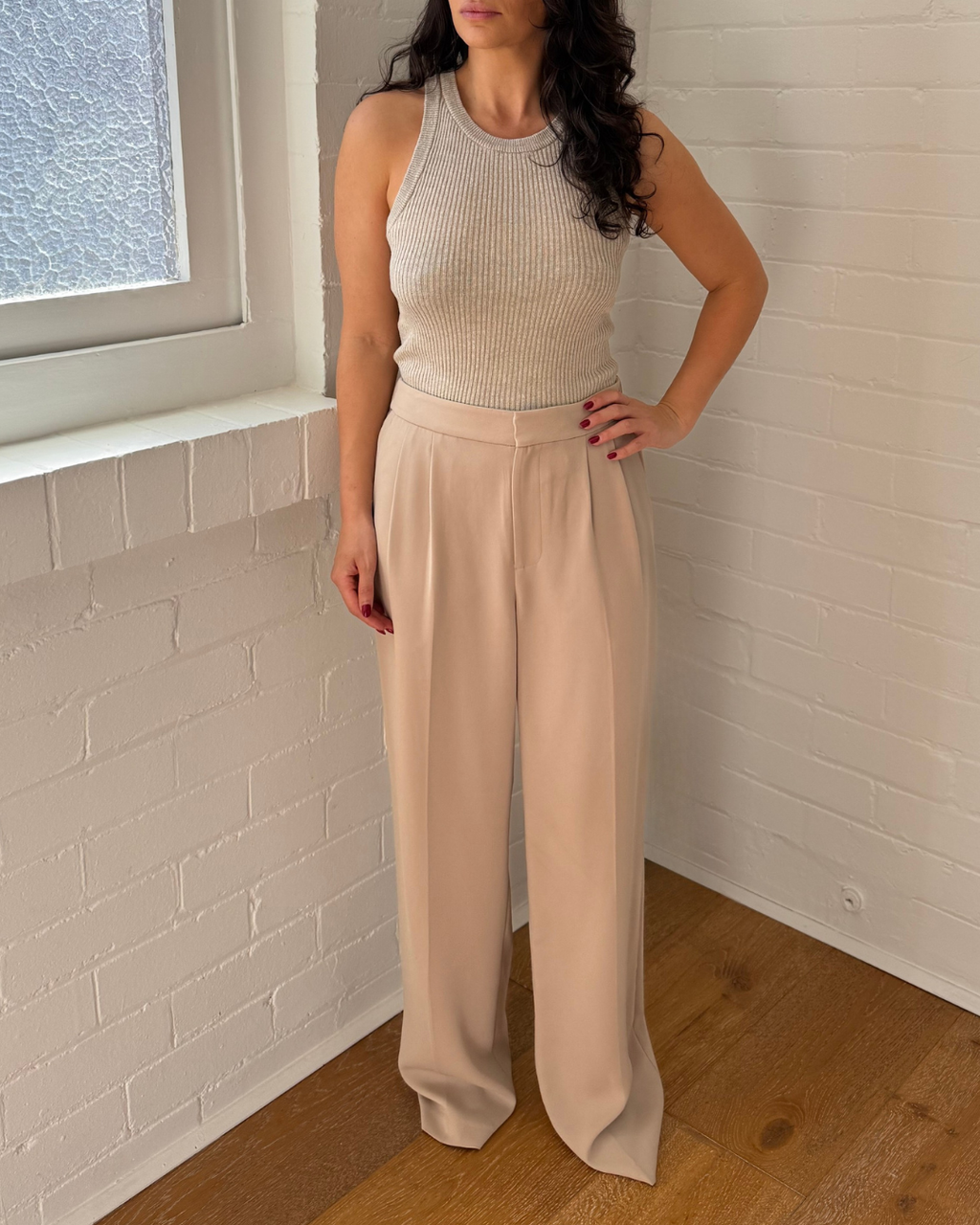 Venroy Rib Knitted Cropped Tank in Taupe - Size Medium