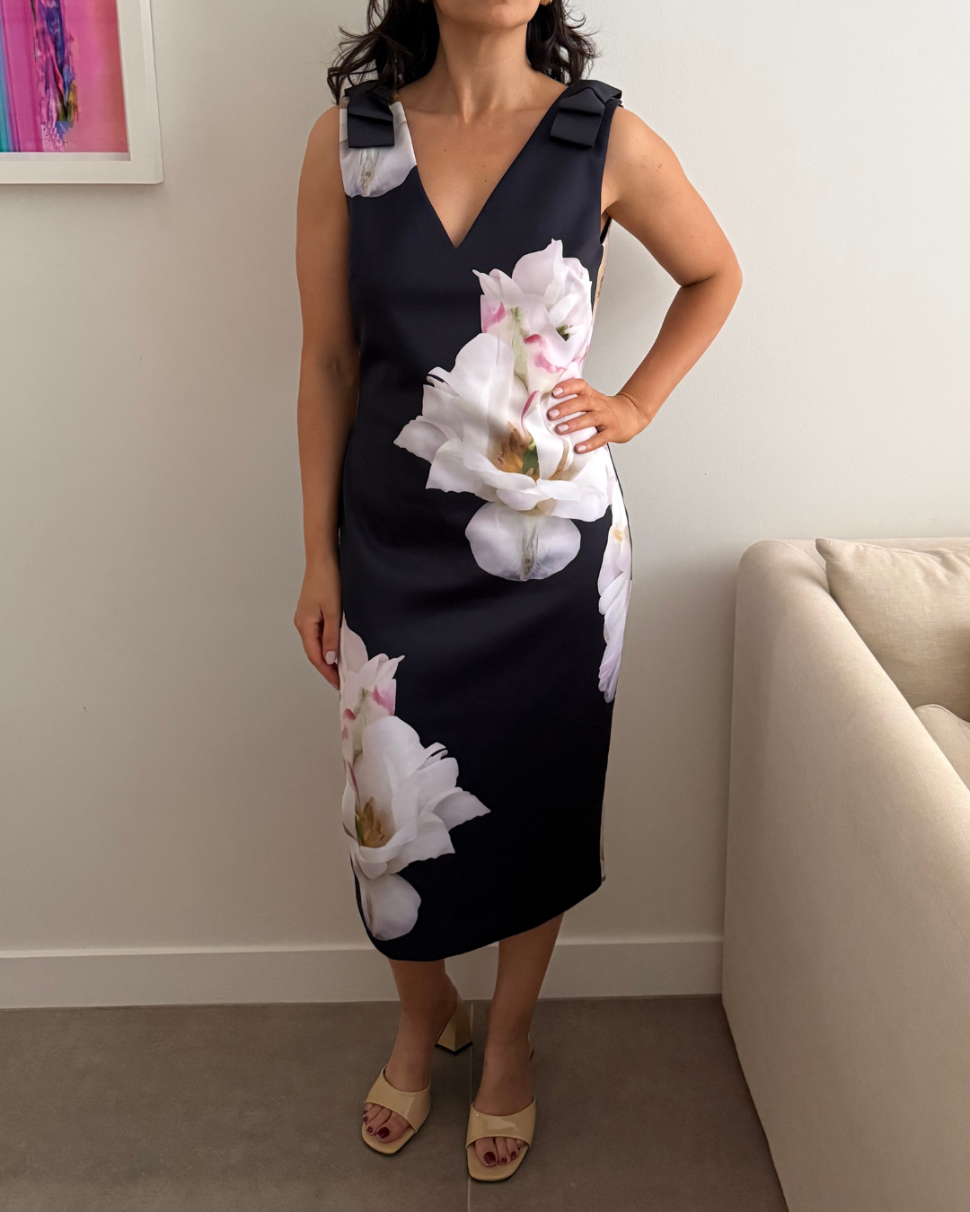 Ted Baker Soleia Gardenia Bow Shoulder Midi Dress - Size 3 (AU 12)