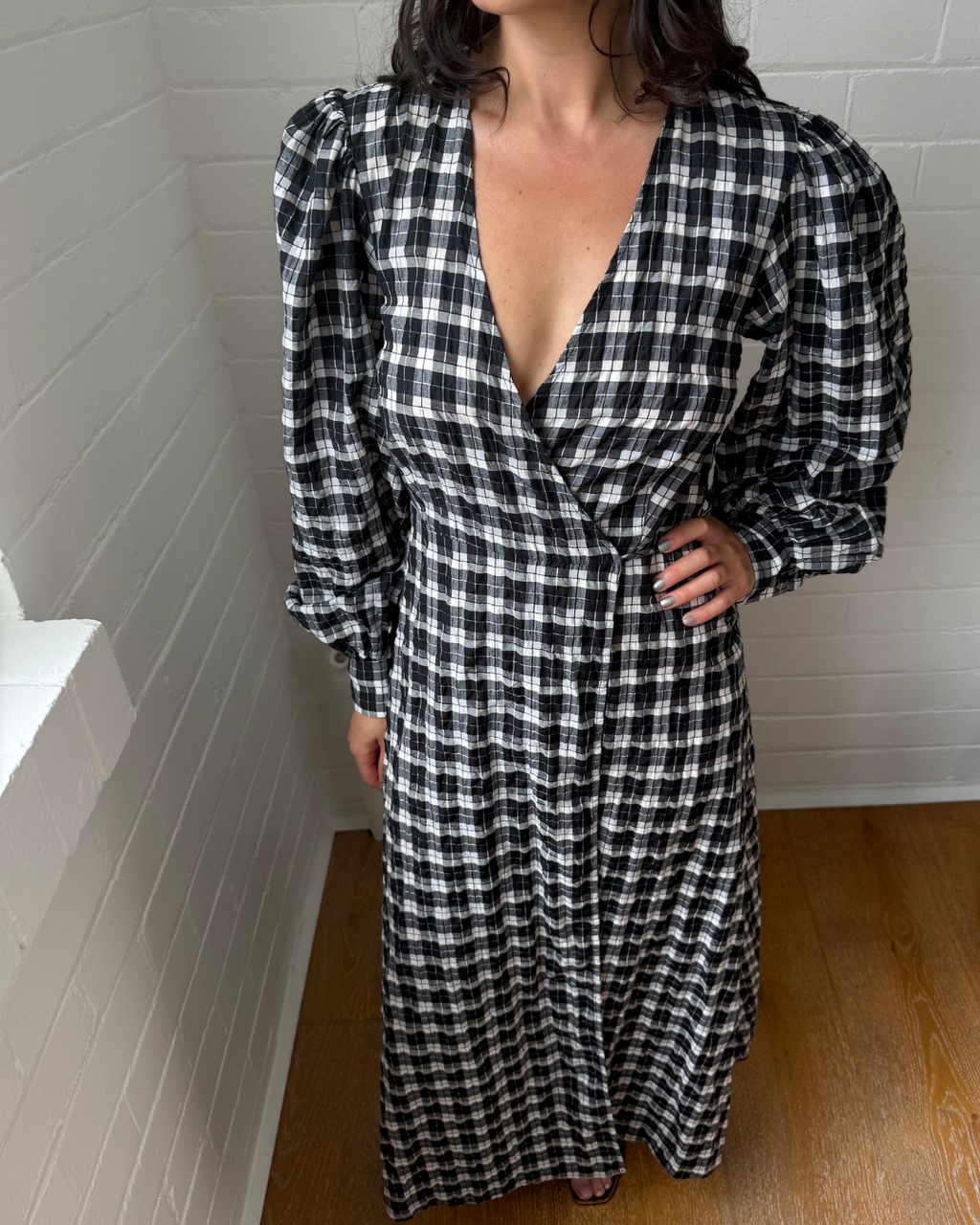 Ganni Seersucker Check Wrap Dress - Size 36 (AU 8)
