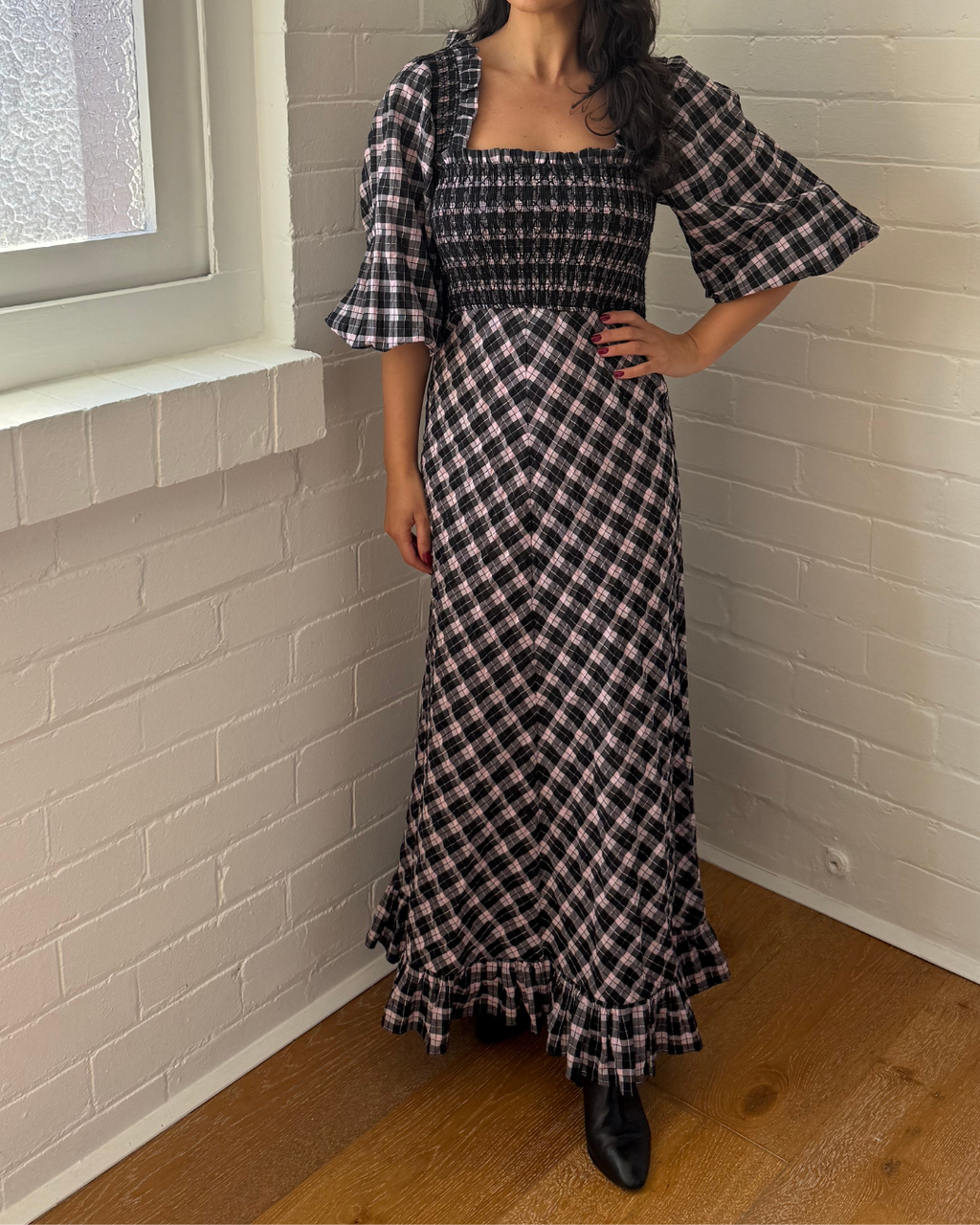 Ganni Seersucker Balloon Sleeve Dress - Size 36 (AU 8)