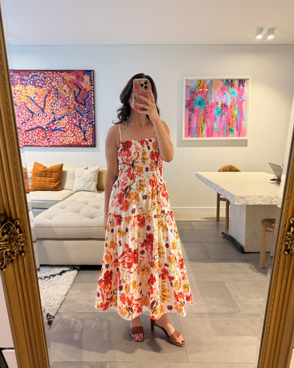 Shona Joy Kalani Shirred Tiered Midi Dress Floral - Size 6-8