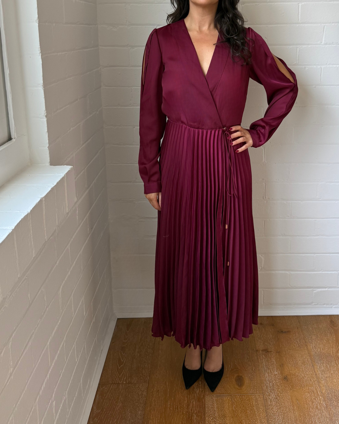 Ginger & Smart Burgundy Pleated Wrap Dress - Size 8