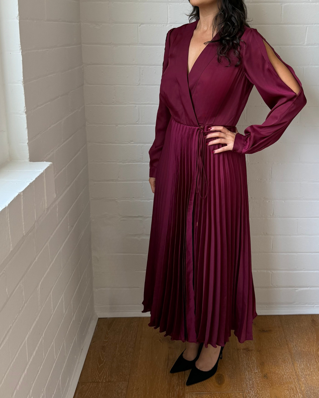 Ginger & Smart Burgundy Pleated Wrap Dress - Size 8