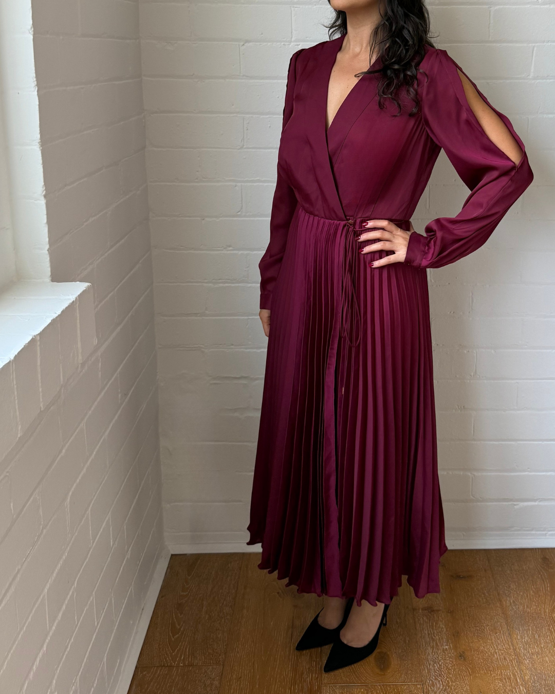 Ginger & Smart Burgundy Pleated Wrap Dress - Size 8