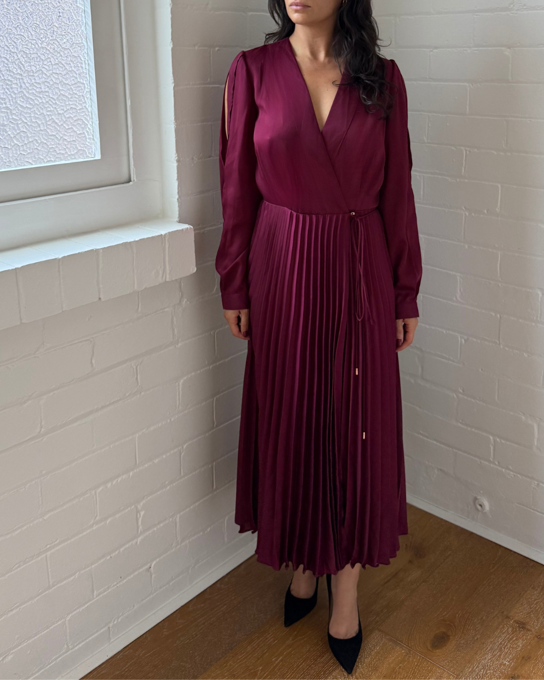 Ginger & Smart Burgundy Pleated Wrap Dress - Size 8