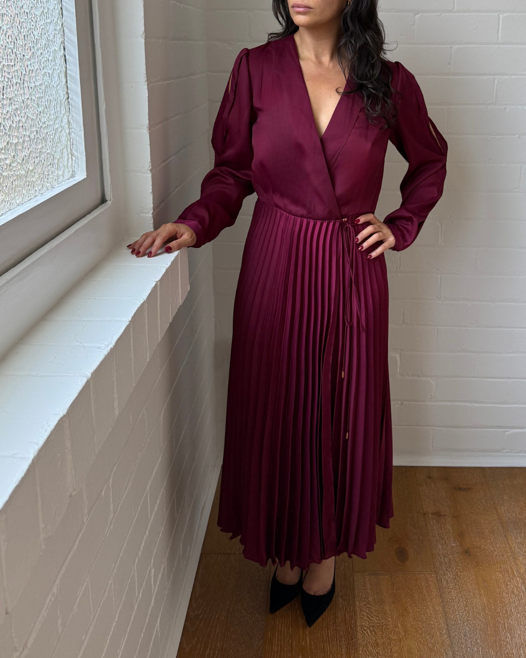 Ginger & Smart Burgundy Pleated Wrap Dress - Size 8